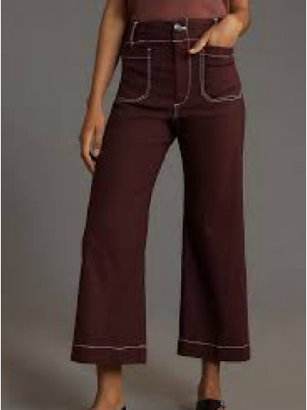 Anthro Maeve Colette Cropped Wide Leg Pants 26 High Rise Plum Contrast Stitching